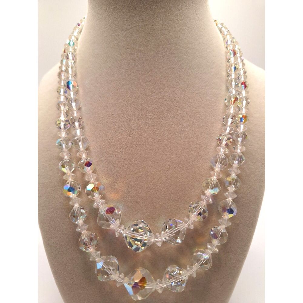 Vintage beaded necklace AB crystal 2 strand gold tone mid century